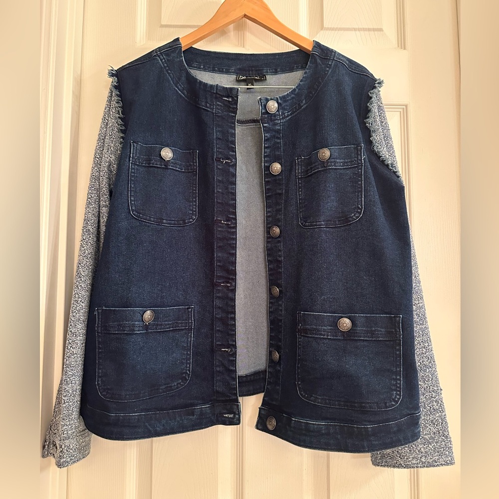 NWOT Dark Blue Denim Jacket with Heather Gray Sleeves